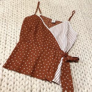 Paper crane tie waist brown polka top